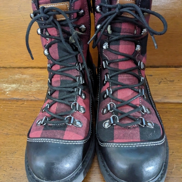 London Fog Black/Maroon Plaid Ankle Boots sz 8 Zip & Tie So Cute Very Good Cond! - Picture 9 of 11